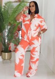 Women Casual Turndown Collar Color Block Printed Short Sleeve Shirt Wide Leg Pants Two-Piece Set