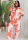 Women Casual Turndown Collar Color Block Printed Short Sleeve Shirt Wide Leg Pants Two-Piece Set