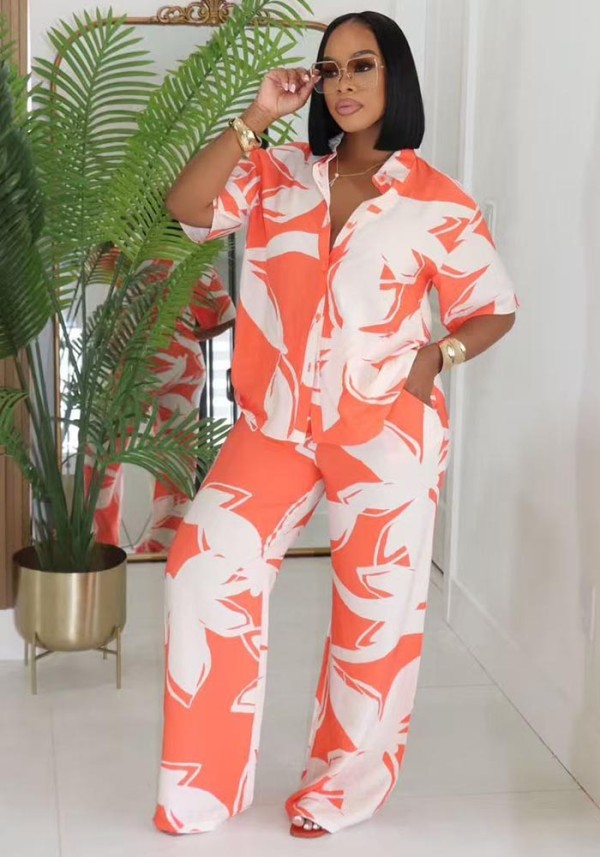Women Casual Turndown Collar Color Block Printed Short Sleeve Shirt Wide Leg Pants Two-Piece Set