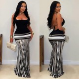 Women Color Block Spaghetti Strap Backless Lace-Up Sexy Dress