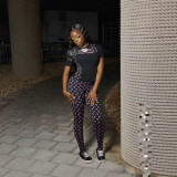 Women Color Block Short Sleeve Printed Top and Long Pants Two-Piece Set