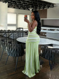 Women Spring Summer Color Block Stripe Knit Spaghetti Strap Holiday Bodycon Dress