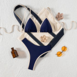 Women Color Block Binding Lace-Up Thong Cross Sexy Two-Piece Swimsuit