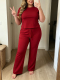 Plus Size Women Short Sleeve Top + Bell Bottom Pants Two-Piece Set