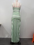 Women Spring Summer Color Block Stripe Knit Spaghetti Strap Holiday Bodycon Dress