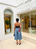 Women Pocket Patchwork Plaid Denim Capri Pants