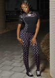 Women Color Block Short Sleeve Printed Top and Long Pants Two-Piece Set