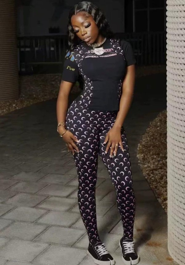 Women Color Block Short Sleeve Printed Top and Long Pants Two-Piece Set