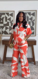 Women Casual Turndown Collar Color Block Printed Short Sleeve Shirt Wide Leg Pants Two-Piece Set
