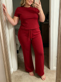 Plus Size Women Short Sleeve Top + Bell Bottom Pants Two-Piece Set