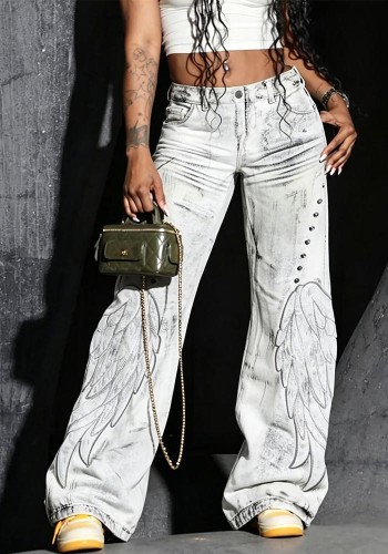 Women Punk Wing Applique Embroidery Denim Pants