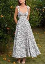 Women Summer Printed Backless Lace-Up Fishbone Maxi Strap Dress Women Summer Printed Backless Lace-Up Fishbone Maxi Strap Dress