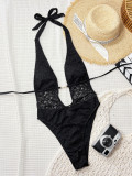 Women Sexy Lace Patchwork Halter Neck Backless One-Piece Swimsuit