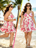 Plus Size Women Printed Strap Dress V-Neck Ruffle Smocked Dress