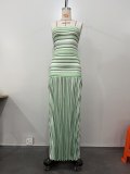 Women Spring Summer Color Block Stripe Knit Spaghetti Strap Holiday Bodycon Dress