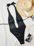 Women Sexy Lace Patchwork Halter Neck Backless One-Piece Swimsuit
