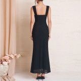 Women Summer Spaghetti Strap Off Shoulder Mesh Fishbone Maxi Dress