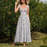 Women Summer Printed Backless Lace-Up Fishbone Maxi Strap Dress