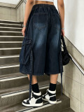 Women Washed Large Pocket Elastic Drawstring Cargo Denim Capri Pants