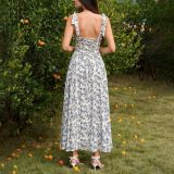 Women Summer Printed Backless Lace-Up Fishbone Maxi Strap Dress
