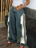 Women Side Stripe Patchwork Denim Pants