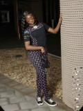 Women Color Block Short Sleeve Printed Top and Long Pants Two-Piece Set