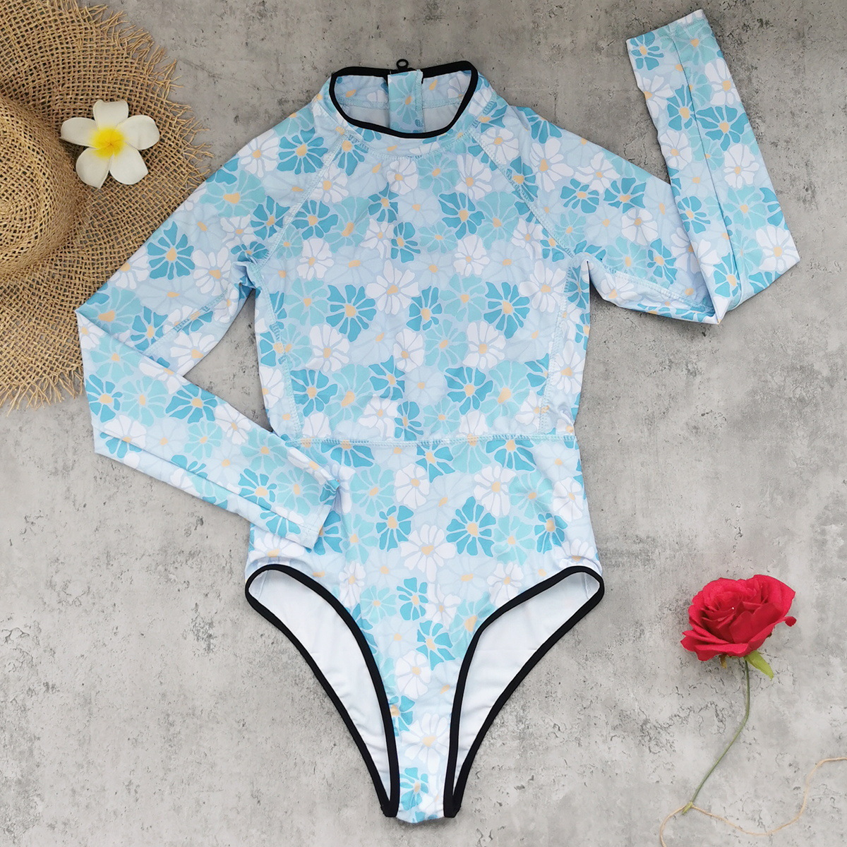 Printed Long Sleeve Zipper Surf Suit One-Piece Swimsuit