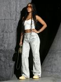 Women Punk Wing Applique Embroidery Denim Pants