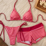 Women Stripe Printed Lace-Up Square Leg Short Bikini Three-Piece Swimsuit