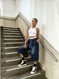 Women Washed Large Pocket Elastic Drawstring Cargo Denim Capri Pants
