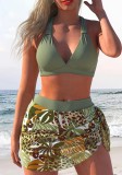 Women Halter Neck Lace-Up Skirt Pants Sexy Bikini Printed Two-Piece Swimsuit
