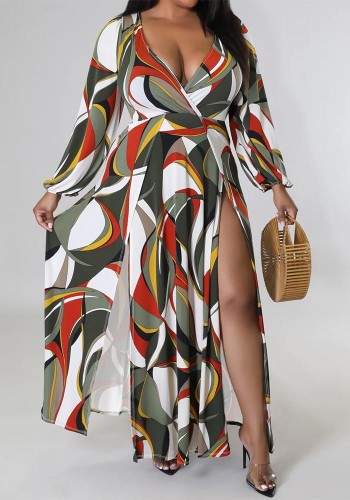 Plus Size Women Cross Neck Slit Printed Dress