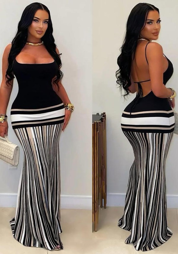 Women Color Block Spaghetti Strap Backless Lace-Up Sexy Dress