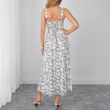 Women Printed Holiday Backless Lace-Up Floral Maxi Strap Dress