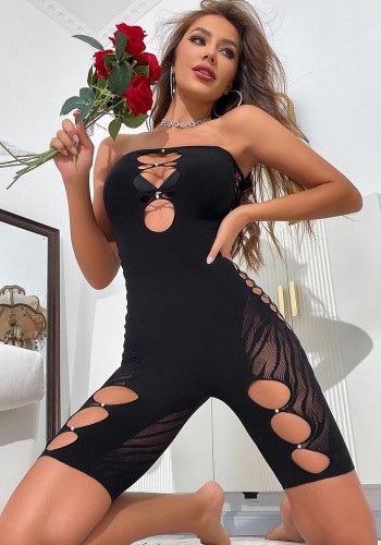 Women Shiny Rhinestone Leopard Print Mesh Sexy Strapless Jumpsuit Lingerie