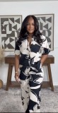 Women Casual Turndown Collar Color Block Printed Short Sleeve Shirt Wide Leg Pants Two-Piece Set