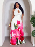 Plus Size Women Printed Halter Neck Hollow Out Sexy Bodycon Maxi Dress