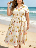 Women Spring Autumn Printed Short Sleeve Floral Dress
