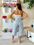 Women Graffiti Printed Denim Capri Pants
