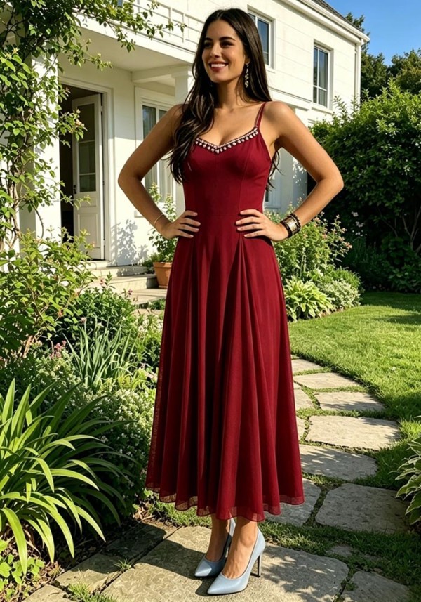 Women Summer Diamond Chain U-Neck Wide Strap Dress