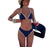 Women Color Block Binding Lace-Up Thong Cross Sexy Two-Piece Swimsuit
