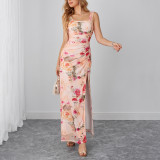 Women Summer Printed Slit Backless Lace-Up Pleated Maxi Strap Dress