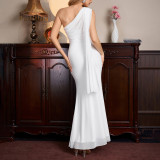 Women Summer Asymmetric One-Shoulder Mesh See-Through Ribbon Bodycon Maxi Dress