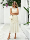 Women Summer French Jacquard Embroidery Faux Two-Piece Sleeveless Pleated Dress