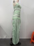 Women Spring Summer Color Block Stripe Knit Spaghetti Strap Holiday Bodycon Dress