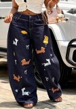 Women Cartoon Embroidery Denim Pants