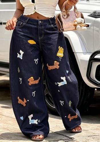 Women Cartoon Embroidery Denim Pants