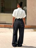 Women Asymmetric Placket Color Block Topstitching Denim Pants