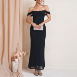 Women Summer Spaghetti Strap Off Shoulder Mesh Fishbone Maxi Dress