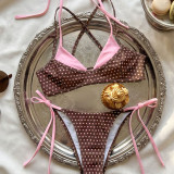 Women Polka Dot Printed Straps Faux Two-Piece Halter Neck Lace-Up Swimsuit Two-Piece Set